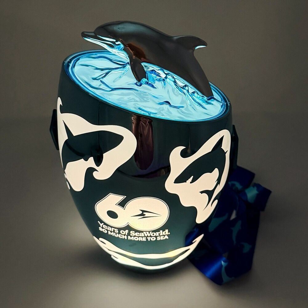 SeaWorld 60th Anniversary Chrome Dolphin Light Up Souvenir Popcorn Bucket Sealed - Picture 3 of 7